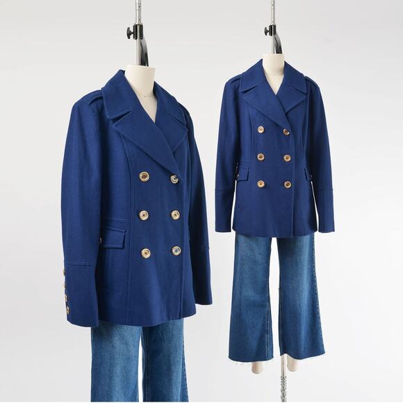 Michael Kors Navy Blue Wool Military Style Peacoat with Gold Buttons XL - Picture 1 of 8